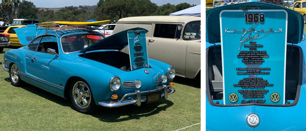 Regatta Blue Karman Ghia 1968 at classic car show with hood open