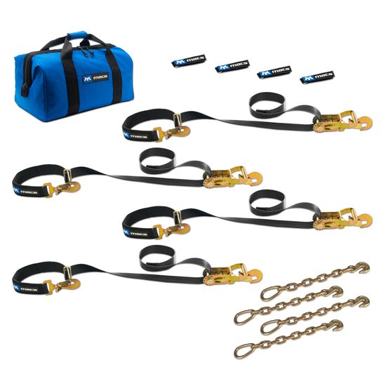 511128 2 x 8 Super Pack Tie-Down Strap Kit with Integrated Axle Straps Direct Hook Ends  Chain Extensions - Black