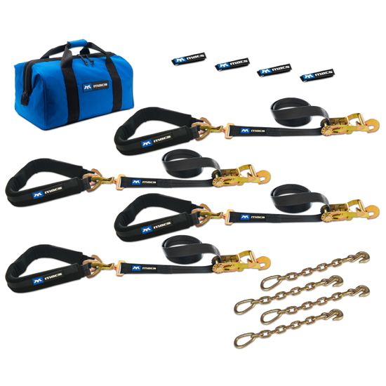 511657 2 x 6 Pro Pack Premium Tie-Down Strap Kit with 40 Axle Strap Direct Hook Ends  Chain Extensions - Black