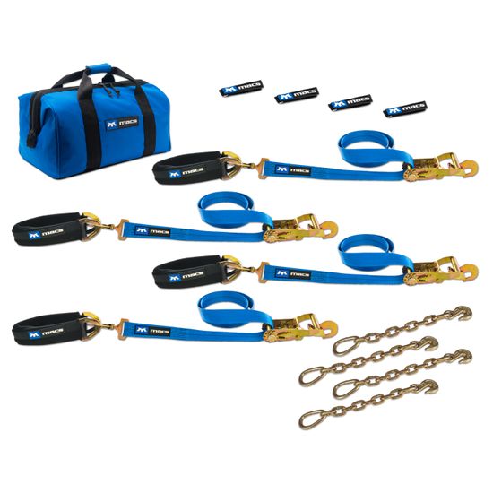 512619 2 x 8 Pro Pack Premium Tie-Down Strap Kit with 24 Axle Strap Direct Hook Ends  Chain Extensions - Blue