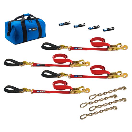 513267 Two 6  Two 8 Ultra Pack Tie-Down Straps with Detachable Axle Straps Direct Hook Ends  Chain Extensions - Red