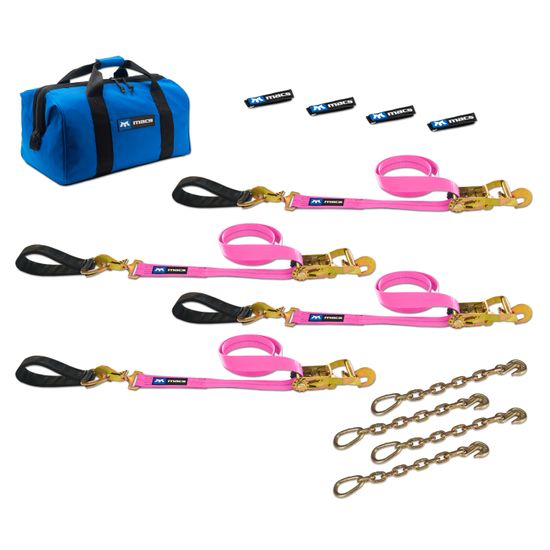519228 2 x 8 Ultra Pack Tie-Down Straps with Detachable Axle Straps Direct Hook Ends  Chain Extensions - Pink