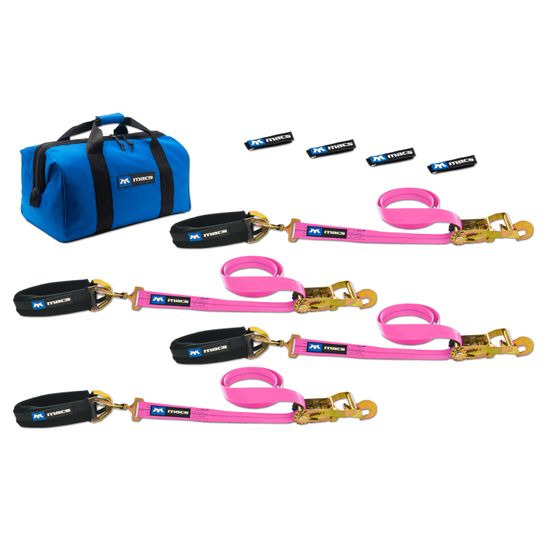 519618 2 x 8 Pro Pack Premium Tie-Down Strap Kit with 24 Axle Strap Direct Hook Ends - Pink