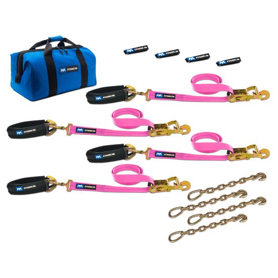 519619 2 x 8 Pro Pack Premium Tie-Down Strap Kit with 24 Axle Strap Direct Hook Ends  Chain Extensions - Pink