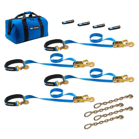 SPR-PK-2IN-KIT-W-INTG-AS-DIR-HK-CN-EXT Super Pack 2 Tie-Down Strap Kit with Integrated Axle Straps Direct Hook Ends  Chain Extensions